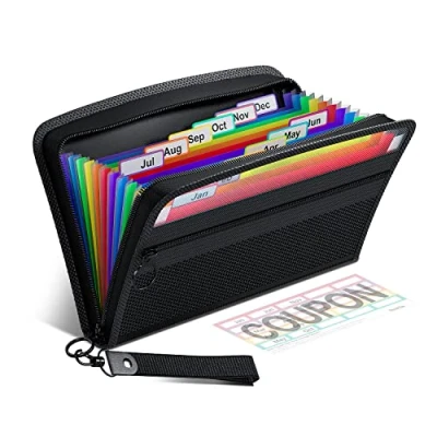 Abbildung von ThinkTex Quittung Coupon Organizer, 12 Taschen kleine Akkordeon Datei Veranstalter, klein Größe 28 x 15 cm, Reißverschluss, Bunt Etiketten