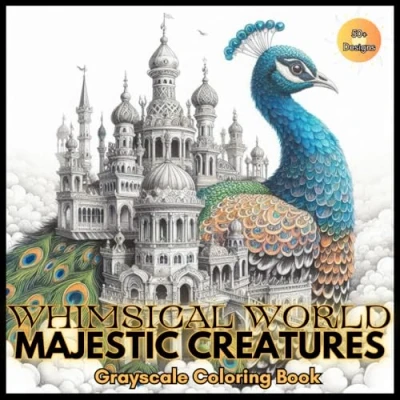 Abbildung von Whimsical World Majestic Creatures Grayscale Coloring Book: Fantastical Designs of Animals Carrying Magical Cities for Relaxation and Creativity (Magical Fantasy Adventures)