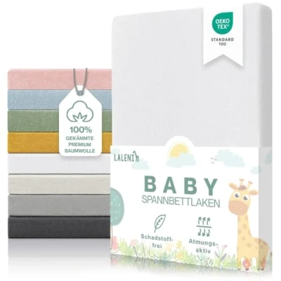 Abbildung von Laleni Premium Spannbettlaken 60x120x15 cm Babybett Oeko TEX zertifiziertes Bettlaken 60x120 Kinderbett Kinderbettwäsche aus 100% Baumwolle Baby in Weiß