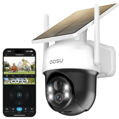 Abbildung von AOSU 2K Überwachungskamera Aussen Solar Akku 3MP [360 PTZ Panorama, Integrierter Solarpanel] Kabellos PIR Personenerkennung Automatische Verfolgung Farb Nachtsicht Ton &amp; Lichtalarm 2 Wege Audio