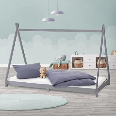 Abbildung von ML Design Kinderbett Tipi 90x200 cm mit Lattenrost, Hellgrau, Kiefernholz, Indianer Bett aus Massivholz, Hausbett für Mädchen und Jungen, Kinderhaus Jugendbett Holzbett Bettenhaus Spielbett Zelt Holz