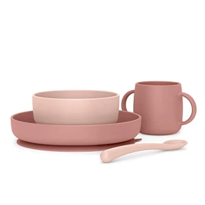 Abbildung von Suavinex, Kindergeschirr Set, Baby Essensset, Silikongeschirr, Kinderteller mit Saugnapf. Teller + Schüssel Löffel Tasse. Lebensmittelgerechtes Silikon, Spülmaschinenfest, Mikrowellengeeignet Rosa