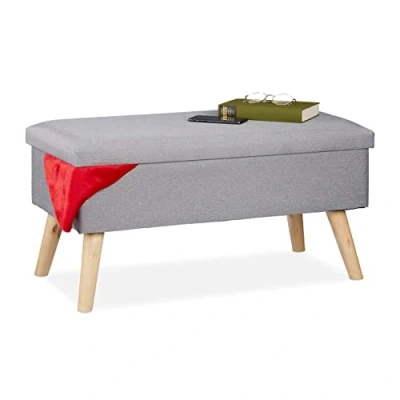 Abbildung von Relaxdays Sitzbank mit Stauraum, gepolsterte Truhenbank, modern, Holzbeine, Stoffbezug, HxBxT: 39 x 77 cm, hellgrau, Grau, 1 Stück