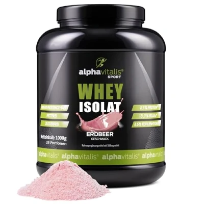 Abbildung von Whey Protein Pulver Isolate 1000g 83% Proteingehalt Eiweißpulver zuckerfrei &amp; fettfrei 100% leckerer WPI Proteinshake für den Muskelaufbau (Erdbeer Geschmack)