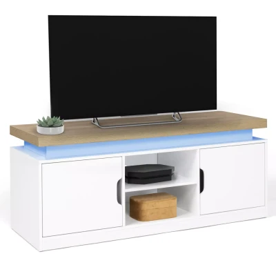 Abbildung von IDMarket TV Schrank 110 cm 2 Türen Luna LED weiß und Tablett in Holzoptik