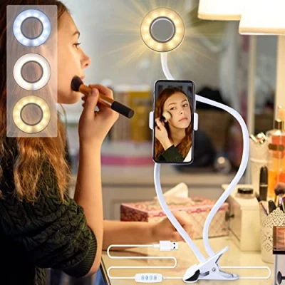 Abbildung von AGM Selfie Ring Light mit 24&quot; Schwanenhals, Handyhalter, dimmbarem Licht für Make up, Fotos, Videos, Lesungen, Live Streaming