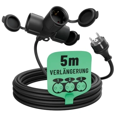 Abbildung von greate. 3fach Verlängerungskabel 5m wasserdicht, Mehrfachsteckdose, 3500 W Verlängerungskabel, (500 cm)
