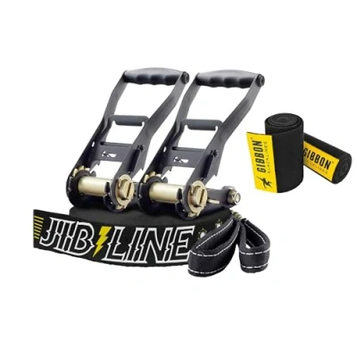 Abbildung von Gibbon Slacklines JibLine XL Trickline Set 25m (20m Webbing + 2x 2,5m Ratschenband) 2 Ratschen TreeWear 5cm Breite Anti Rutsch Bedruckung Bruchlast 30Kn für Einsteiger &amp; Profis