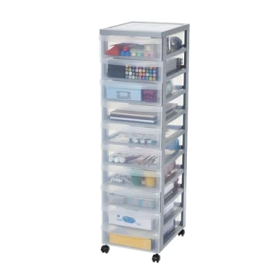 Abbildung von Iris Ohyama, Plastik Aufbewahrungsturm, 10 Schubladen, 7L Schreibtisch, Intarsien Griff, 4 abnehmbare Räder, DC 010, Grau B29 x T40 H100.5 cm