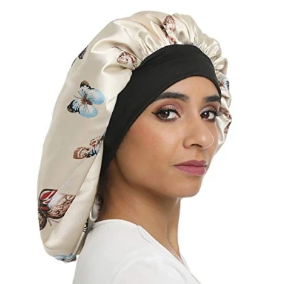 Abbildung von SENGTERM Satin Nachtmütze, elastisch, mit breitem Band, für Damen, langes Haar, lockiges Haar (L, Schmetterlinge)