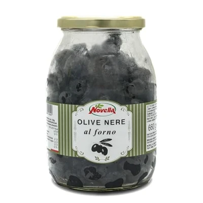 Abbildung von Novella Olive Nere al forno schwarze Oliven getrocknet Feinkost ohne Stein Perfekt für Antipasti 660g