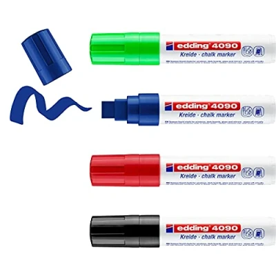 Abbildung von edding 4090 Kreidemarker Set schwarz, rot, blau, grün (basic) 4 Kreidestifte Keilspitze 15 mm Kreidestift für Tafel abwischbar Fenster, Glas, Spiegel Tafelstift mit deckenden Farben