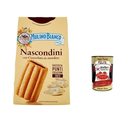 Abbildung von 12x Mulino Bianco Nascondini Shortbread Kekse mit Schokolade zum Anbeißen biscuits cookies , 330 g + Italian gourmet polpa 400g