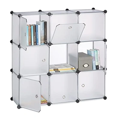 Abbildung von Relaxdays Regalsystem mit Türen, Raumteiler Kunststoff, Standregal 9 Fächer, Badregal, HBT: 95 x 32 cm, transparent