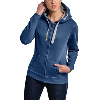 Abbildung von HRM Damen Hooded Jacket, denim, Gr. XS I Premium Kapuzenjacke mit Kontrast Innenfutter Basic Hoodie Reißverschluss Zip Hochwertige &amp; nachhaltige Oberteile