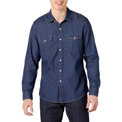 Abbildung von Amazon Essentials Herren Langärmeliges Jeanshemd, Schmale Passform, Blau, S