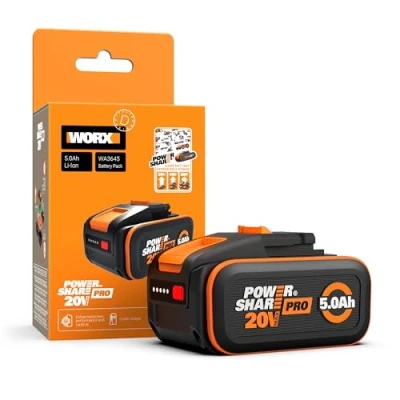 Abbildung von Original WORX WA3645 PowerShare Pro Akku 20V 5,0 Ah Li Ion, wiederaufladbar mehr Sicherheit &amp; längere Laufzeit mit LED Anzeige Innovative Heatshield Technologie passend für alle Geräte