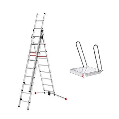 Abbildung von Hailo Trittleiter ProfiLOT Aluminium Teleskopleiter + Einhängetritt, Kombi Leiter (Set, gratis Einhängetritt), mit bis zu 150 kg belastbar, Rasthaken Transportsicherung
