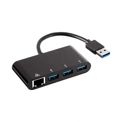 Abbildung von Amazon Basics USB 3.0 Adapter mit 3 x Ports und 1 RJ45 Gigabit Ethernet Port, A + RJ45, Schwarz