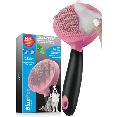 Abbildung von BluePet Hundebürste &amp; Katzenbürste Für Langhaar Entfernt schonend Unterwolle, Verfilzungen Knoten Zupfbürste mit Selbstreinigung die tägliche Anwendung (1.0 Rosa)