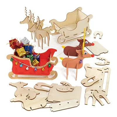 Abbildung von Baker Ross FE852 Rentier und Schlitten Setsaus Holz, Holzbasteln für Kinder zum Dekorieren Ausstellen, Machen Sie Ihre eigenen Weihnachtsdekorationen