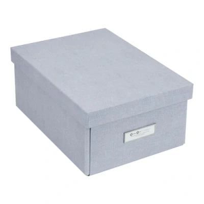 Abbildung von Bigso Box of Sweden KARIN kleine Aufbewahrungsbox mit Deckel stabiler Organizer aus Faserplatte und Papier in Leinenoptik praktische Faltbox Etikettenrahmen für extra Stauraum hellgrau