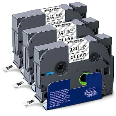 Abbildung von 3x XemaX Kompatibel Brother P Touch Bänder 9mm Clear Ersatz für TZe 121 TZe121 Cube Plus PT P710BT P300BT H100R D400 D210, Schwarz auf Transparenz