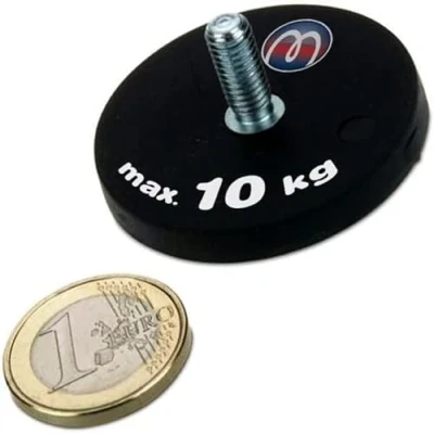 Abbildung von 2 x Neodym Magnet System gummiert Ø 43 mm mit Gewinde Zapfen (Außen Gewinde): M6 Haftkraft 10 kg Starke Magnete Gummi Mantel Anti Rutsch Beschichtung Stück