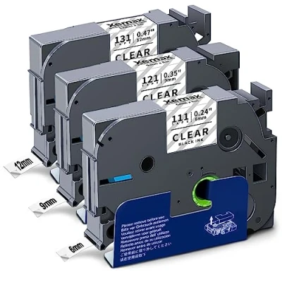 Abbildung von 3x XemaX Kompatibel Brother TZe Clear 6mm 9mm 12mm Schriftband Ersatz für 111 121 131 P Touch Tape PT H110 H107B, Schwarz auf Transparent