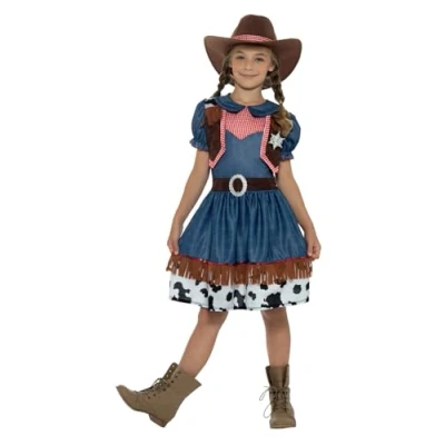 Abbildung von Smiffys Texanisches Cowgirl Kostüm, Blau, mit Kleid, befestigter Weste und Hut