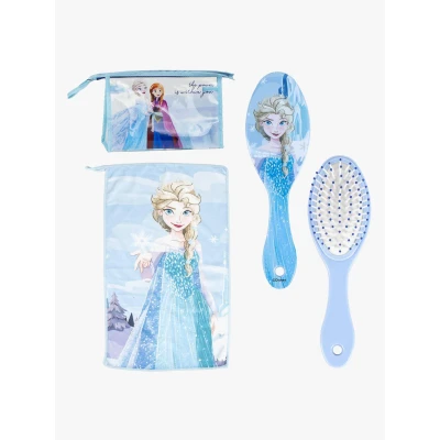 Abbildung von Kulturbeutel für Reisen, Zubehör Frozen mit Kamm, Handtuch und Tasche aus Eiskönigin Reisen oder Schule, blau, Transparente Kosmetiktasche Reißverschluss