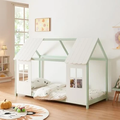 Abbildung von [en.casa] Kinderbett Tostedt Hausbett Jugendbett Bettenhaus Spielbett Halboffenes Design Montessori Bett aus massiver Kiefer Bettgestell Holz 90x200cm Mintgrün/Weiß
