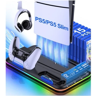 Abbildung von HELLCOOL PS5 Slim Ständer mit Lüfter, Standfuß für Alle Disc/Digital Edition/PS5 Slim, Controller Ladestation/Headset Halterung/15 Spiele Lagerung, Zubehör 2023 Playstation 5 Konsole