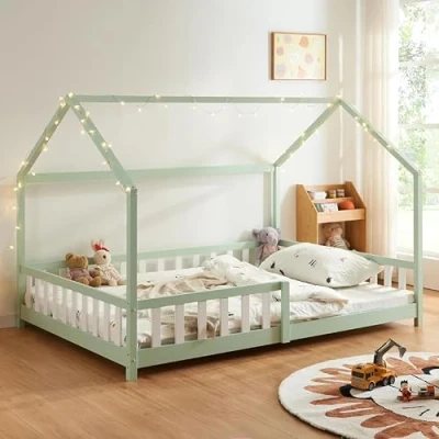 Abbildung von [en.casa] Kinderbett Hesel Hausbett Mintgrün 120 x 200 cm mit Rausfallschutz und Lattenrost Bodenbett Jugendbett Holzbett