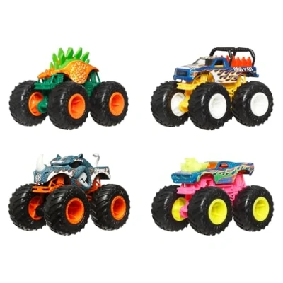 Abbildung von Hot Wheels Monster Trucks im Maßstab 1:64, Trucks, Spielzeug 4er Set, riesige Räder, Lieblingscharaktere und Coole Designs, JGD65