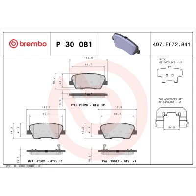 Abbildung von BREMBO P 30 081 Bremsbelagsatz mit akustischer Verschleißwarnung Zubehör HYUNDAI: SANTA FE 3, Genesis I Coupe, KIA: Stinger Schrägheck