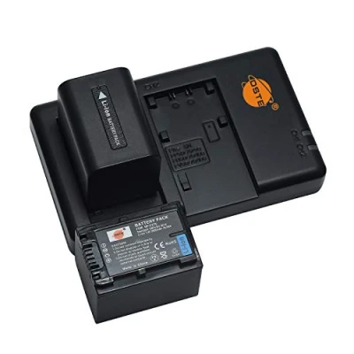 Abbildung von NP FV70 (2 Stück) Wiederaufladbarer Akku Ersatzakku und Dual Ladegerät Kompatibel mit Sony DCR SR88/SX21/SX44/SX45/SX63/SX65/SX83/SX85,FDR AX100,HDR CX115/CX130/CX150/CX155 Kamera usw