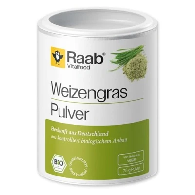 Abbildung von Raab Vitalfood Bio Weizengras Pulver 75 g, für Smoothies, mit Folsäure, glutenfrei, vegan, hergestellt und laborgeprüft in Deutschland