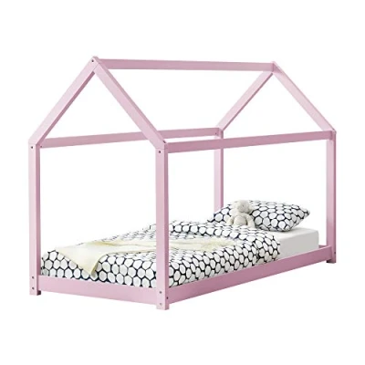 Abbildung von [en.casa] Kinderbett Netstal 90x200cm Rosa Haus Holz Natur Bettenhaus Hausbett Kinderzimmer Bett Kinder Kiefernholz