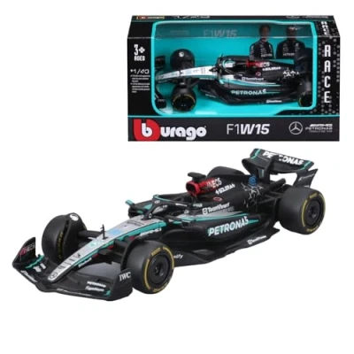 Abbildung von Bburago Formel 1 Mercedes AMG Petronas F1 W15 Team (2024): Modellauto im Maßstab 1:43, von Fahrer #63 George Russell, Window Box, 12,5 cm, schwarz Silber (18 38208R)