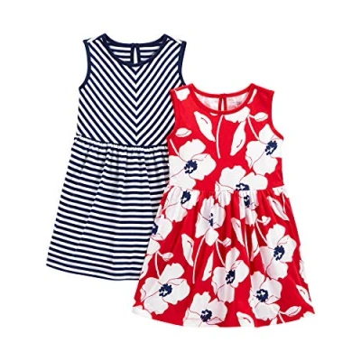 Abbildung von Simple Joys by Carter&#039;s Baby Mädchen Short Sleeve and Sleeveless Dress Sets, Pack of 2 Lässiges Kleid, Marineblau Streifen/Rot Mohnblumenaufdruck, 18 Monate (2er Pack)