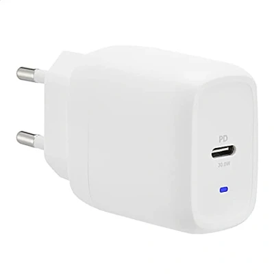 Abbildung von Amazon Basics USB C Wandladegerät mit 1 Port, 30 W, GaN, für Tablets und Handys,kompatible Samsung Galaxy S20/s20+/s20, Stromversorgung, Weiß, (nicht PPS), 4,6 x 2,77 4,4 cm
