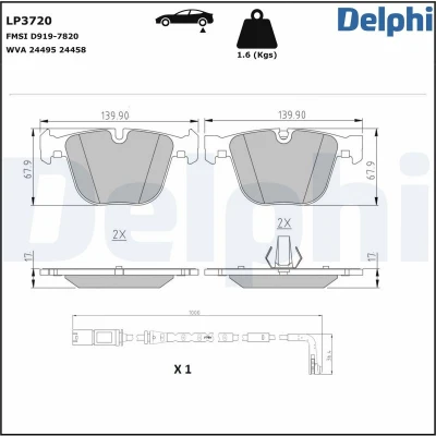 Abbildung von DELPHI LP3720 Bremsbelagsatz inkl. Verschleißwarnkontakt mit Anti Quietsch Blech Zubehör BMW: X6 (E71, E72) xDrive 50 i 2007 2014