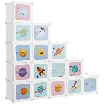 Abbildung von SONGMICS Regalsystem mit 15 Würfeln, Aufbewahrungsschrank für Kinder, Kleiderschrank Türen, Schuhregal aus Kunststoff, Steckregal, Mehrzweck, Schuhe, Spielzeug, 153 x 31 cm, weiß LPC902W