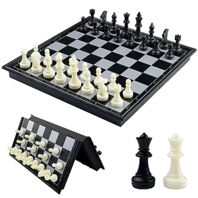 Abbildung von Fousenuk Schachbrett Magnetisch, Einklappbar Schachspiel Hochwertig, Reiseschach Figuren, Chess Board, Schachset, Schachfiguren für Kinder und Erwachsene 25 x cm Schwarz/Weiß