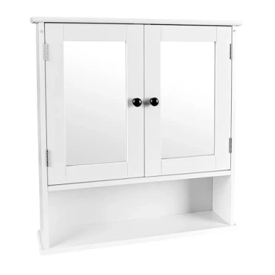 Abbildung von Leomark Weiß universeller Schrank Serie Meghan mit Spiegel und schwarzen Griffen provenzalischer Stil, 55,5 x 12,5 58 (H) cm, Wandmontage Badschrank für Bad, Küche, Schlafzimmer