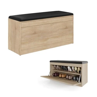 Abbildung von PLATAN ROOM Schuhschrank mit Sitzfläche 100 x 53 35 cm Schuhbank aufklappbar Sitzkommode Weiß Eiche (Sonoma Eiche)
