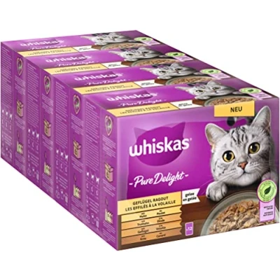 Abbildung von Whiskas 1+ Katzenfutter Pure Delight Geflügel Auswahl in Gelee, 12x85g (4 Packungen) Hochwertiges Nassfutter für ausgewachsene Katzen 48 Portionsbeuteln