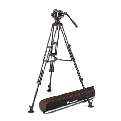 Abbildung von Manfrotto 504X Fluid Videokopf mit Doppelstativ, Kit Aluminiumstativ und Videokopf, Doppelbein Mittelspinne, für DSLRs, Digitalkameras, Camcorder, Videografen, Tragtasche, bis zu 12 kg
