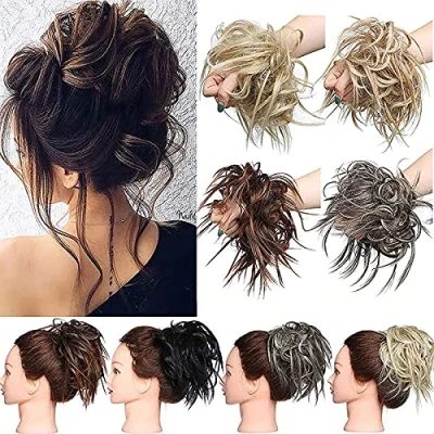 Abbildung von Hair Extensions XXL Haarteil Haargummi Hochsteckfrisuren Brautfrisuren VOLUMINÖS gewellter unordentlicher Dutt Scrunchie Dunkelbraun